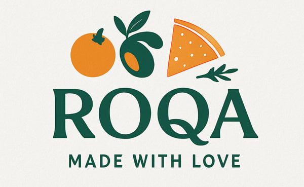 Logo of ROQA with fruits and leaves on a white background